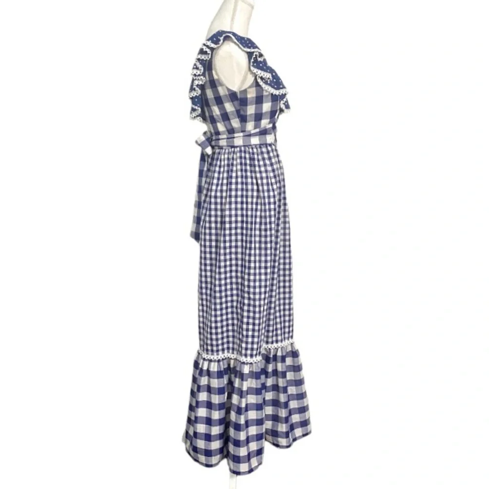Vintage 70s Blue Gingham Maxi Dress White Checkered Prairie Dress Plaid Long - Picture 7 of 14